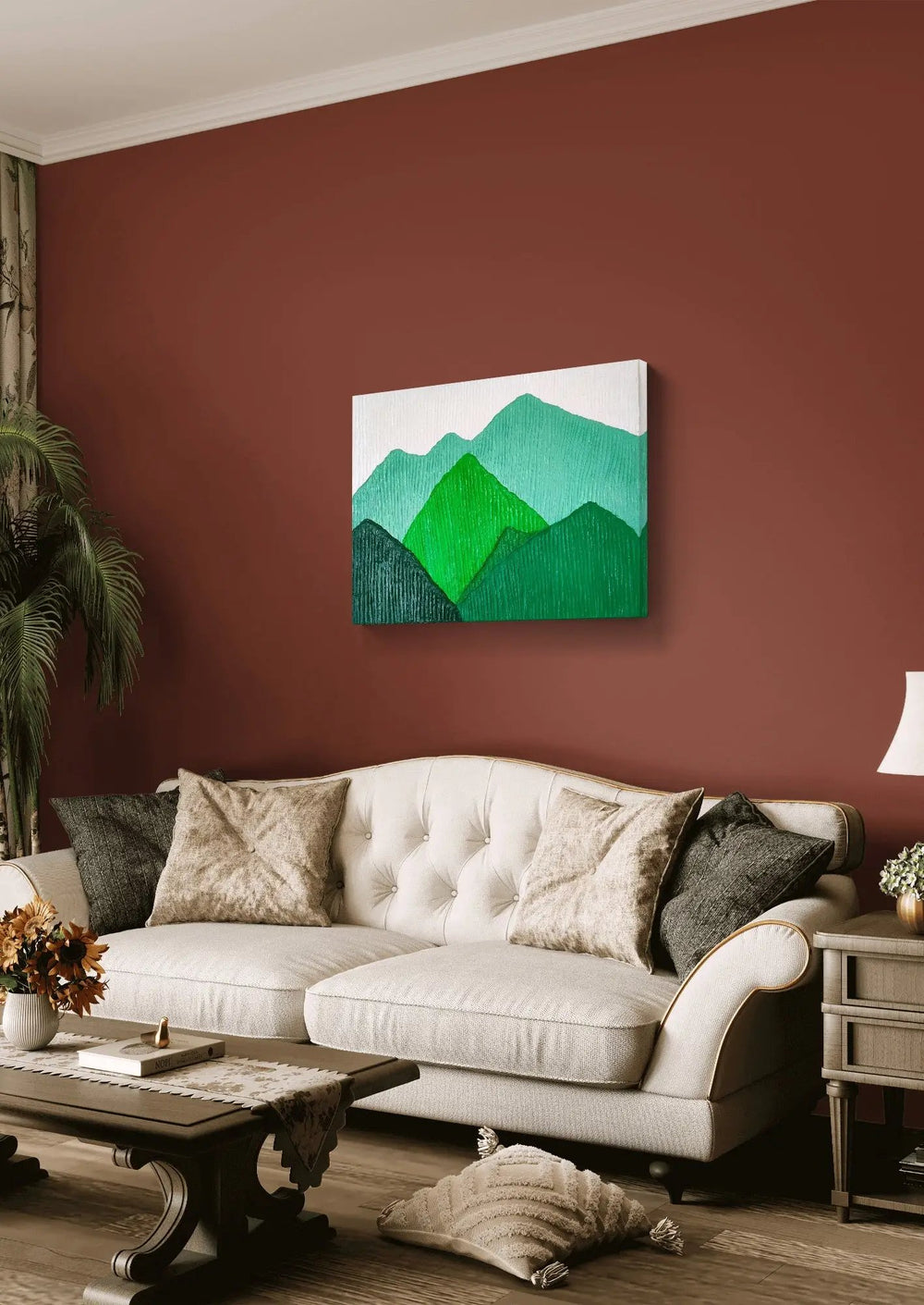 Handmade textured mountain landscape painting in green tones on a living room wall.