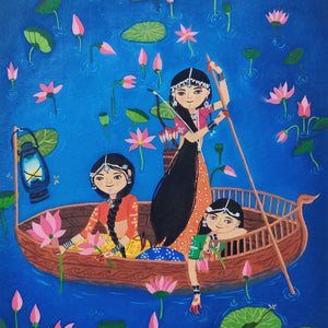 Detailed view of the Lotus Valley Rangmala Series oil painting featuring women and children in a boat surrounded by lotus flowers.