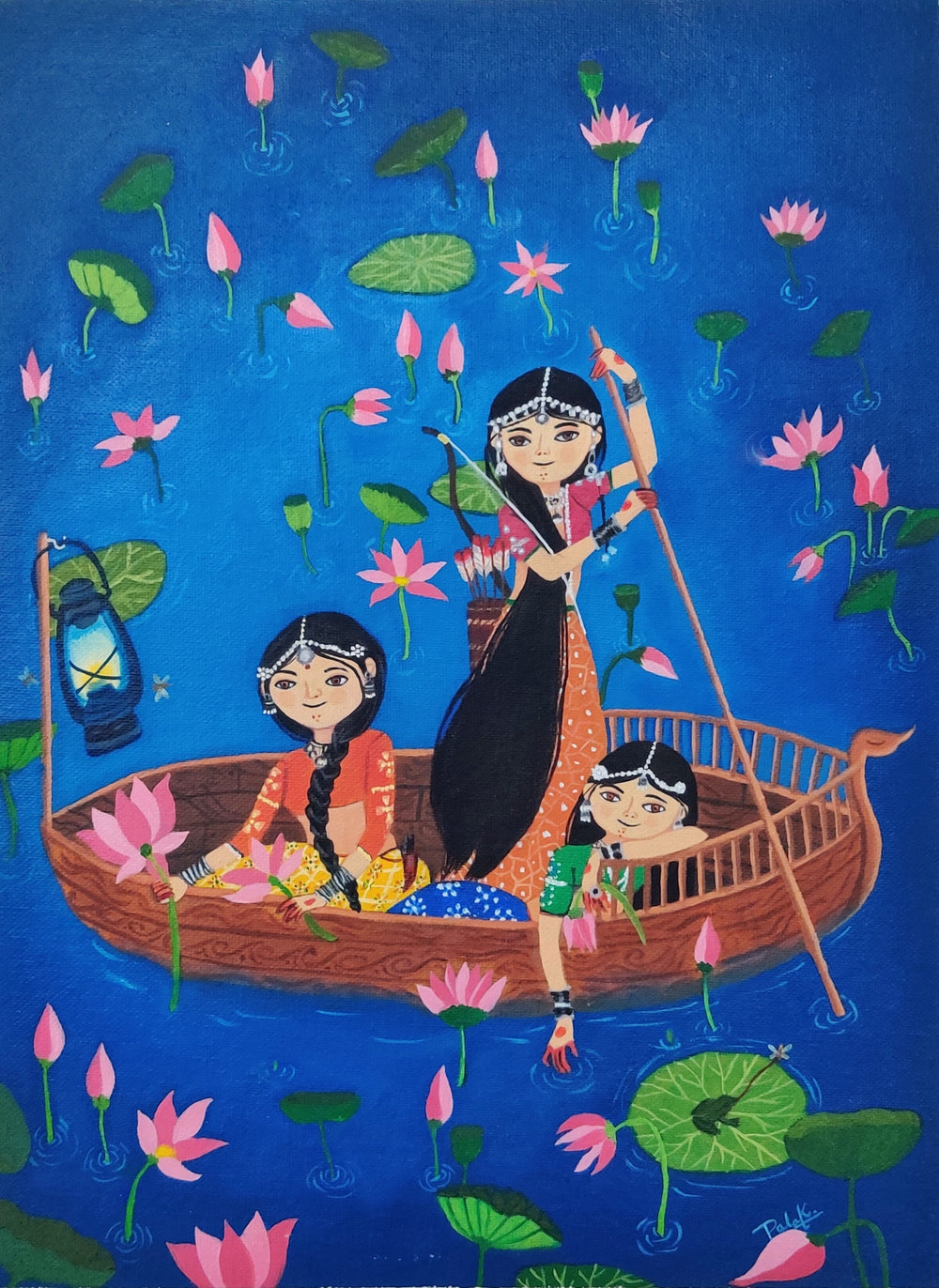 Detailed view of the Lotus Valley Rangmala Series oil painting featuring women and children in a boat surrounded by lotus flowers.