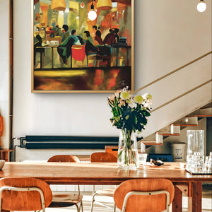 Digital oil painting of a cozy cafe scene with warm lighting, displayed in a modern dining area.