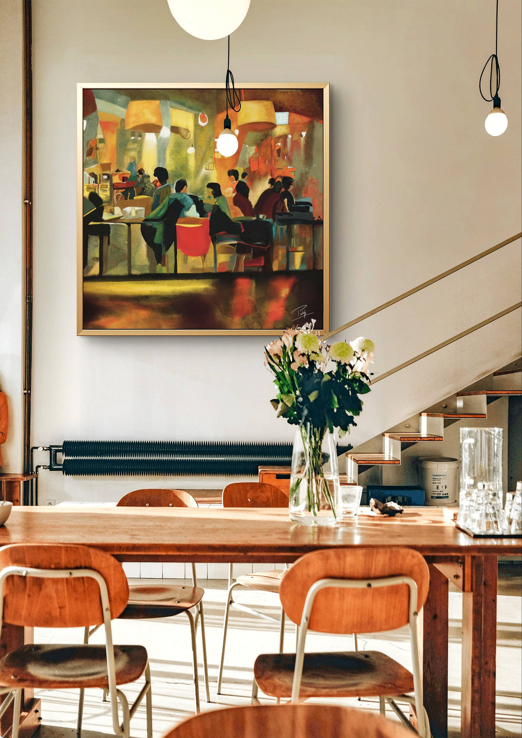 Digital oil painting of a cozy cafe scene with warm lighting, displayed in a modern dining area.