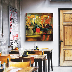 Digital oil painting of a lively cafe scene, hanging in a rustic industrial-style restaurant.