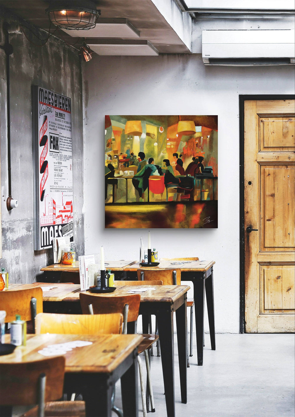 Digital oil painting of a lively cafe scene, hanging in a rustic industrial-style restaurant.