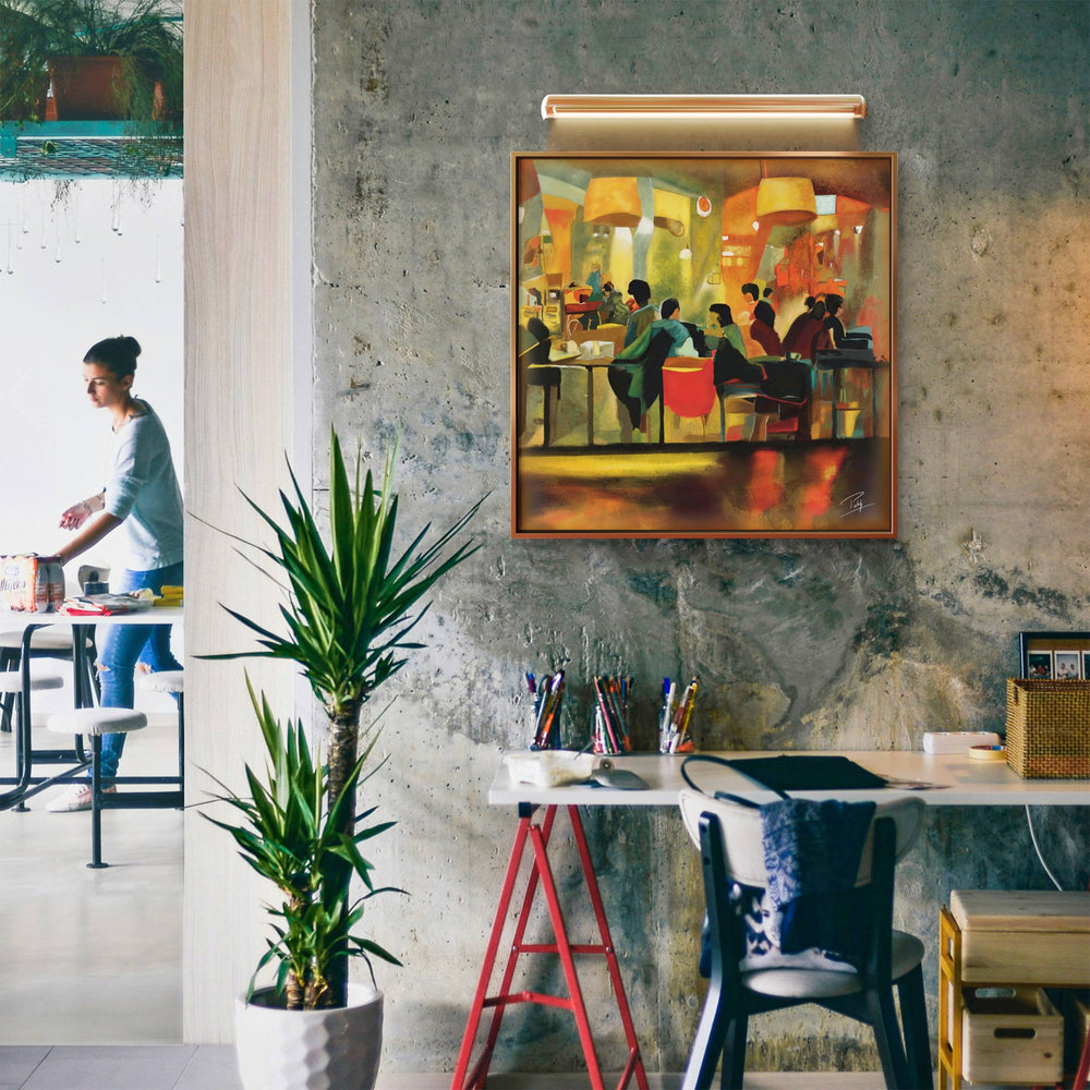 Digital oil painting of a cafe with warm tones, displayed in a creative workspace with plants.