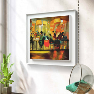 Framed digital oil painting of a vibrant cafe interior, showcased in a bright, minimalist room.