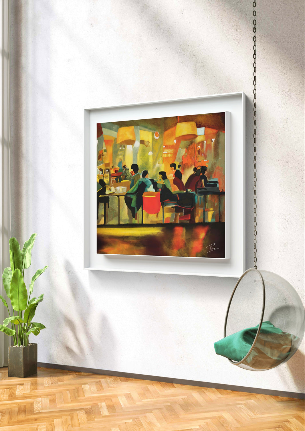 Framed digital oil painting of a vibrant cafe interior, showcased in a bright, minimalist room.