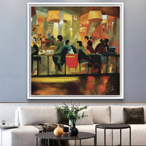 Large digital oil painting of a bustling cafe, mounted on a blue wall in a stylish living room.