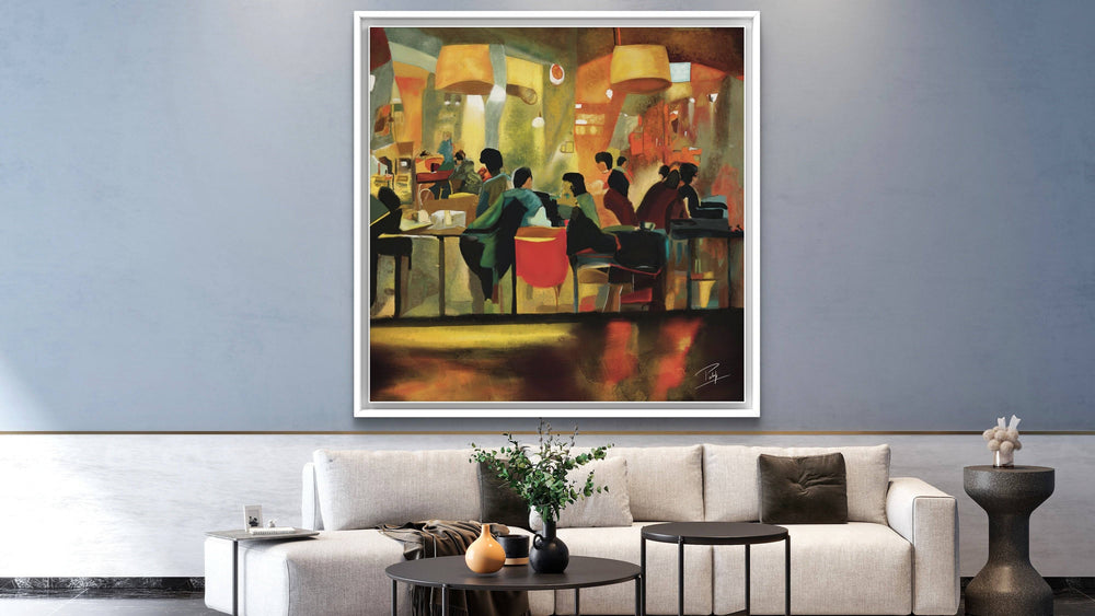 Large digital oil painting of a bustling cafe, mounted on a blue wall in a stylish living room.