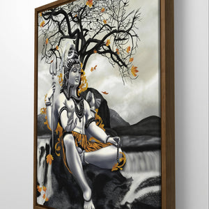Side view of Lord Shiva digital painting in a wooden frame showcasing intricate details.