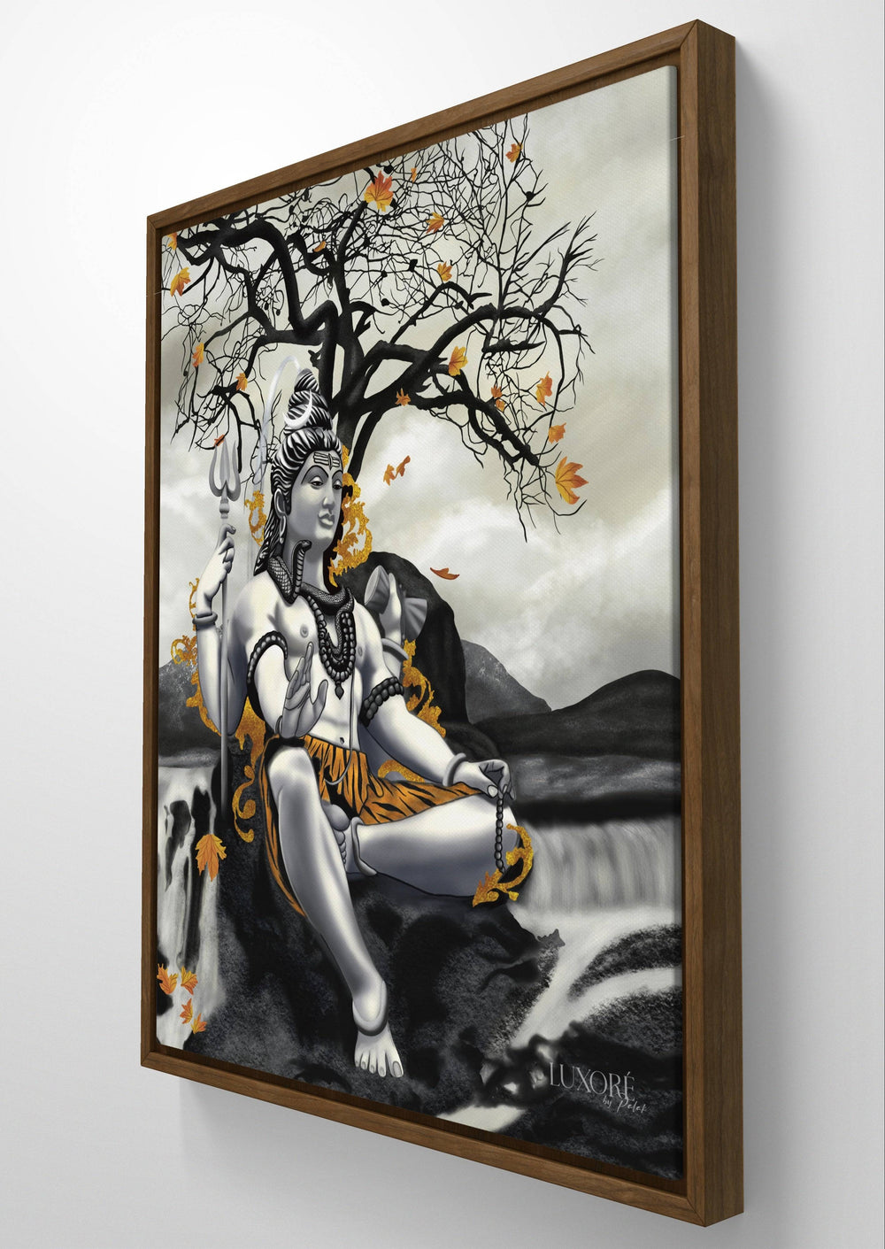 Side view of Lord Shiva digital painting in a wooden frame showcasing intricate details.