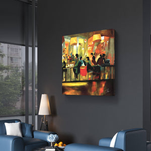 Digital oil painting of a cozy cafe, mounted on a dark wall in a modern lounge area.