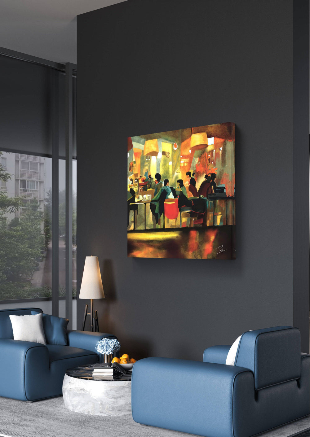 Digital oil painting of a cozy cafe, mounted on a dark wall in a modern lounge area.