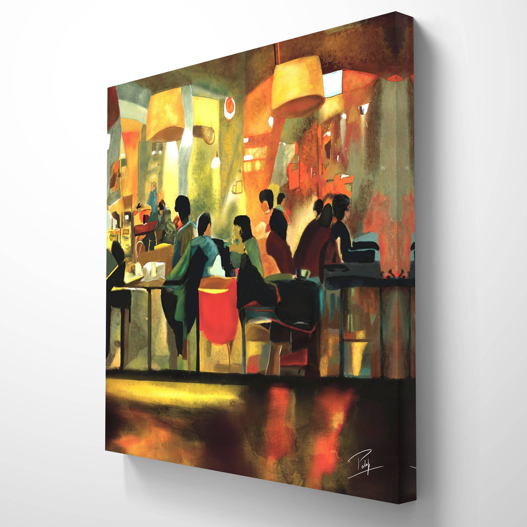 Close-up of a digital oil painting featuring a vibrant cafe scene with warm lighting.