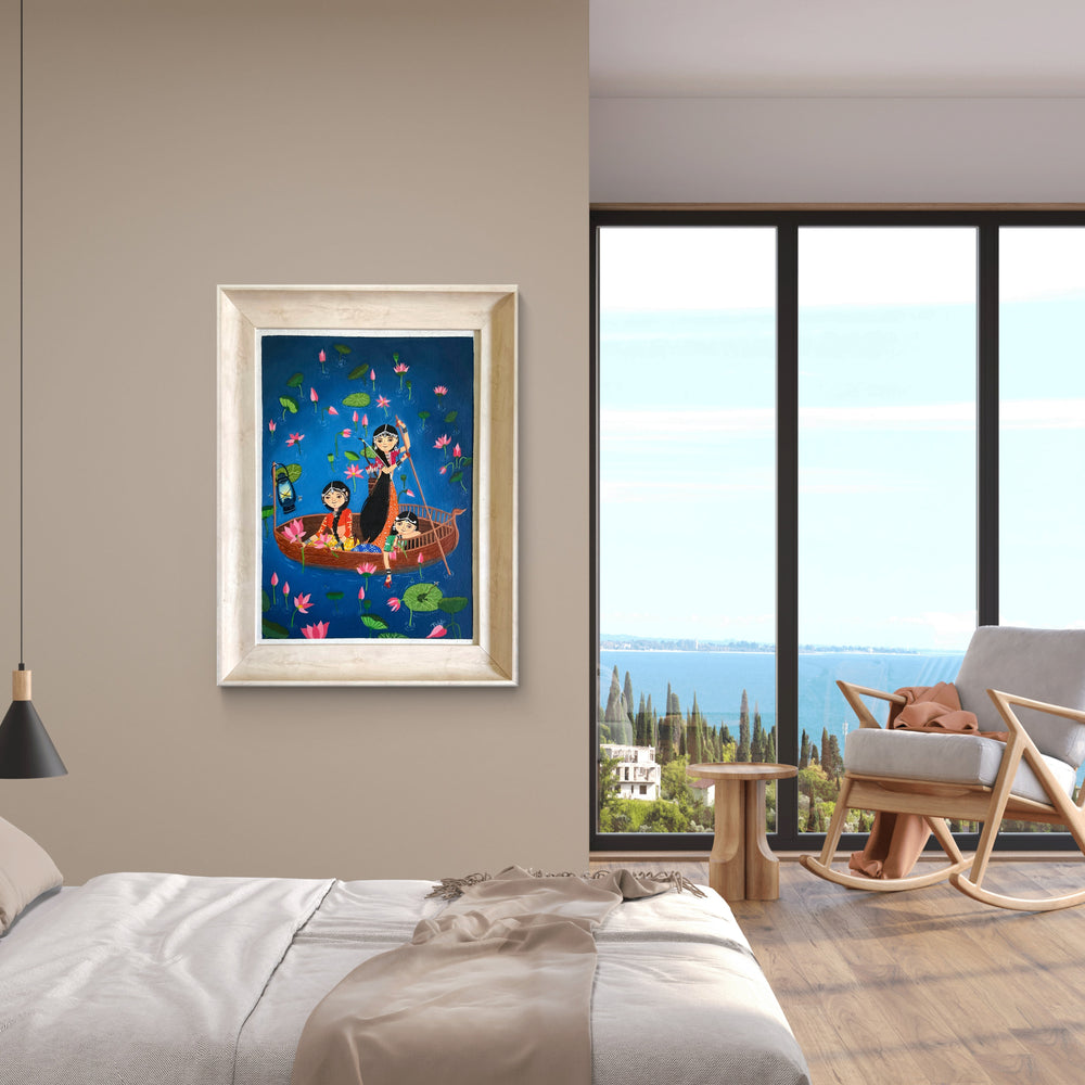 Lotus Valley oil painting framed and displayed in a cozy bedroom with a scenic view.