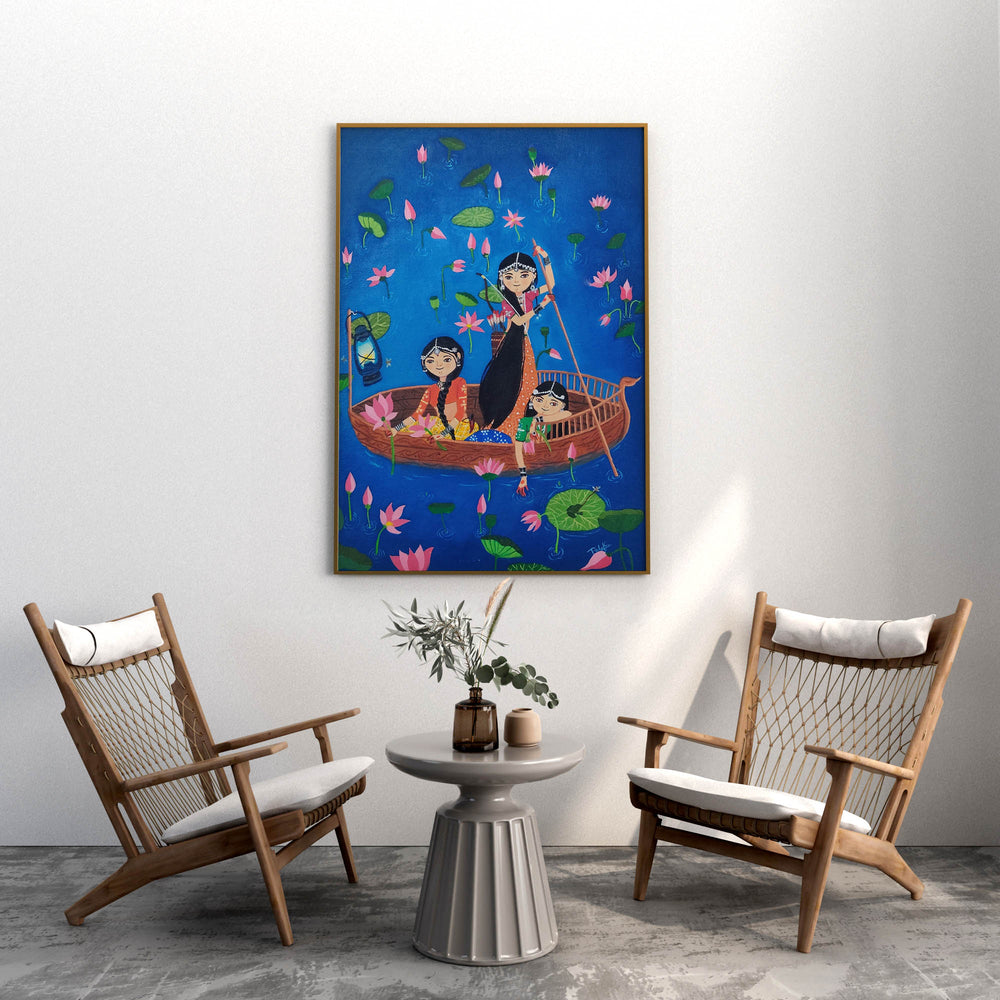 Framed Lotus Valley oil painting displayed in a minimalist seating area with wooden chairs.