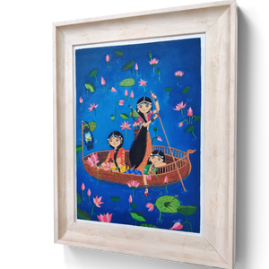 Close-up of the Lotus Valley Rangmala Series oil painting in a wooden frame, showcasing intricate details of the artwork.