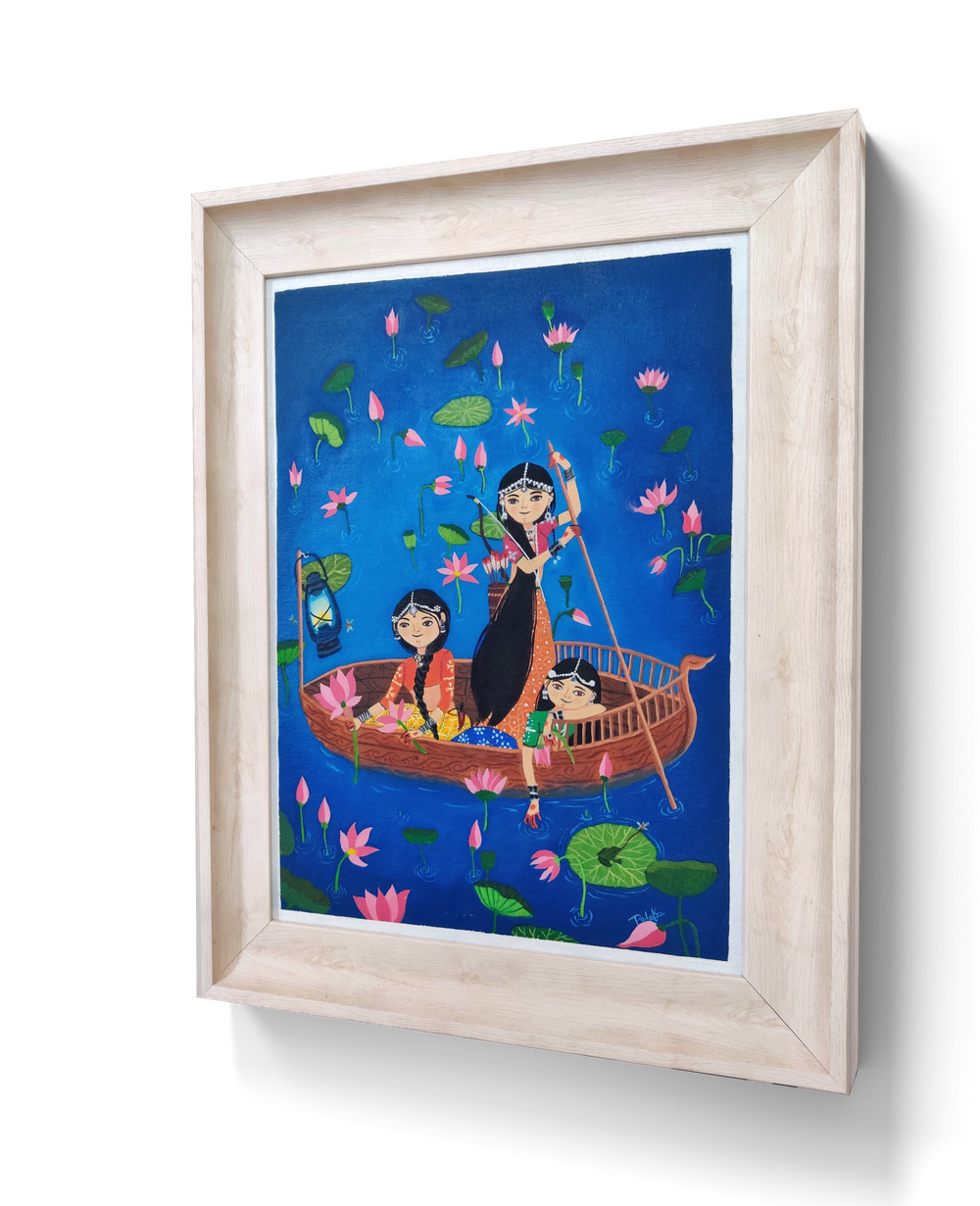 Close-up of the Lotus Valley Rangmala Series oil painting in a wooden frame, showcasing intricate details of the artwork.