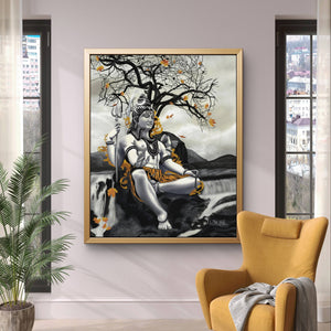 Lord Shiva digital painting in a bright room with a mustard yellow chair and greenery.