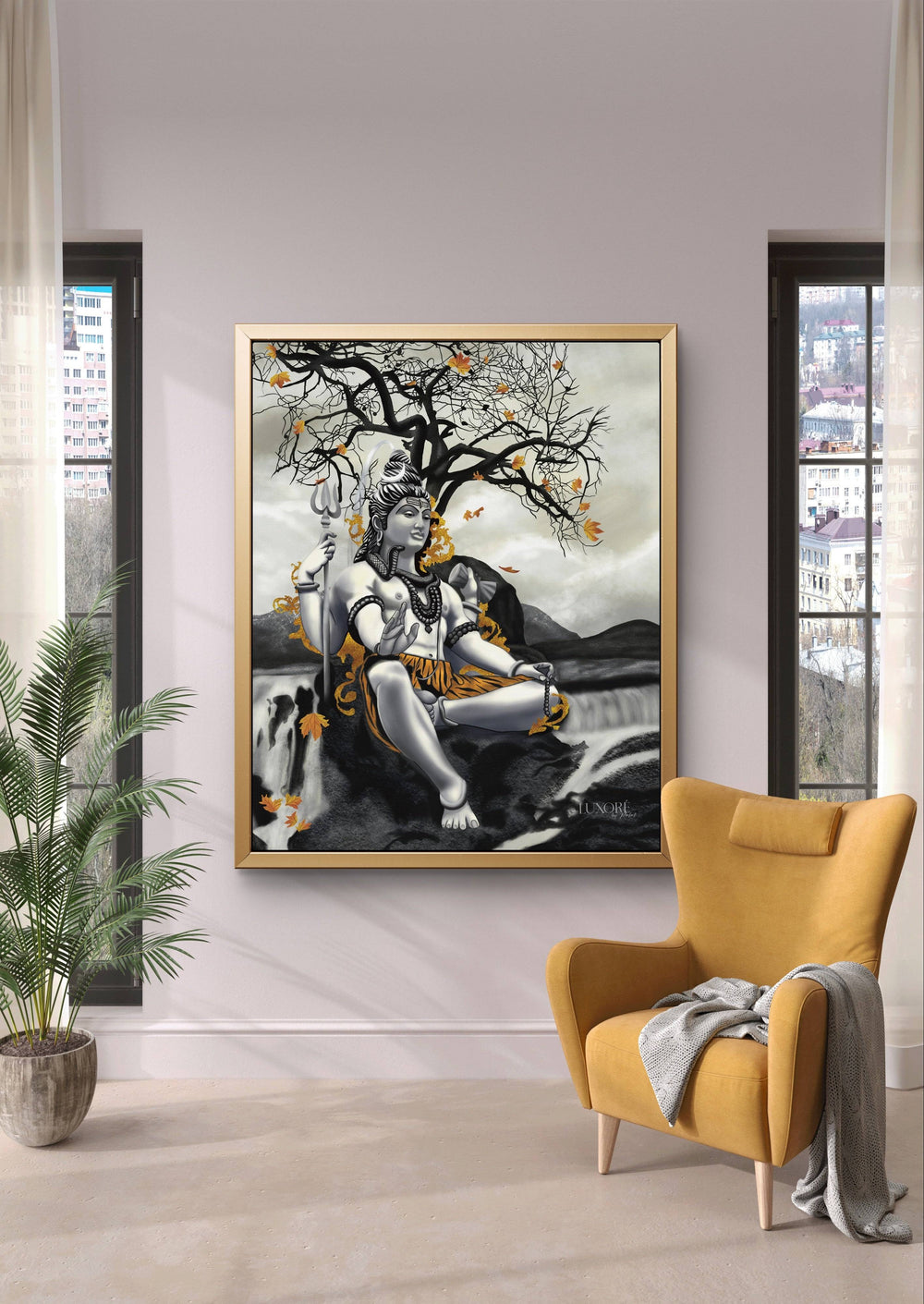 Lord Shiva digital painting in a bright room with a mustard yellow chair and greenery.