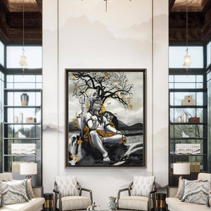 Lord Shiva digital painting displayed in a luxurious living room with high ceilings.
