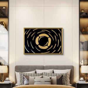Abstract gold and black textured painting hung above a modern bed in a cozy bedroom with warm lighting.