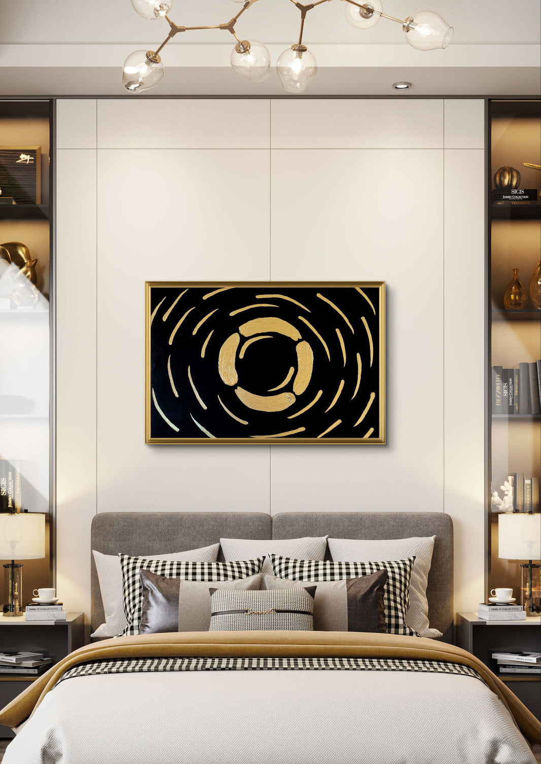 Abstract gold and black textured painting hung above a modern bed in a cozy bedroom with warm lighting.