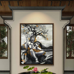 Lord Shiva artwork displayed in a serene space with a lotus pond centerpiece.