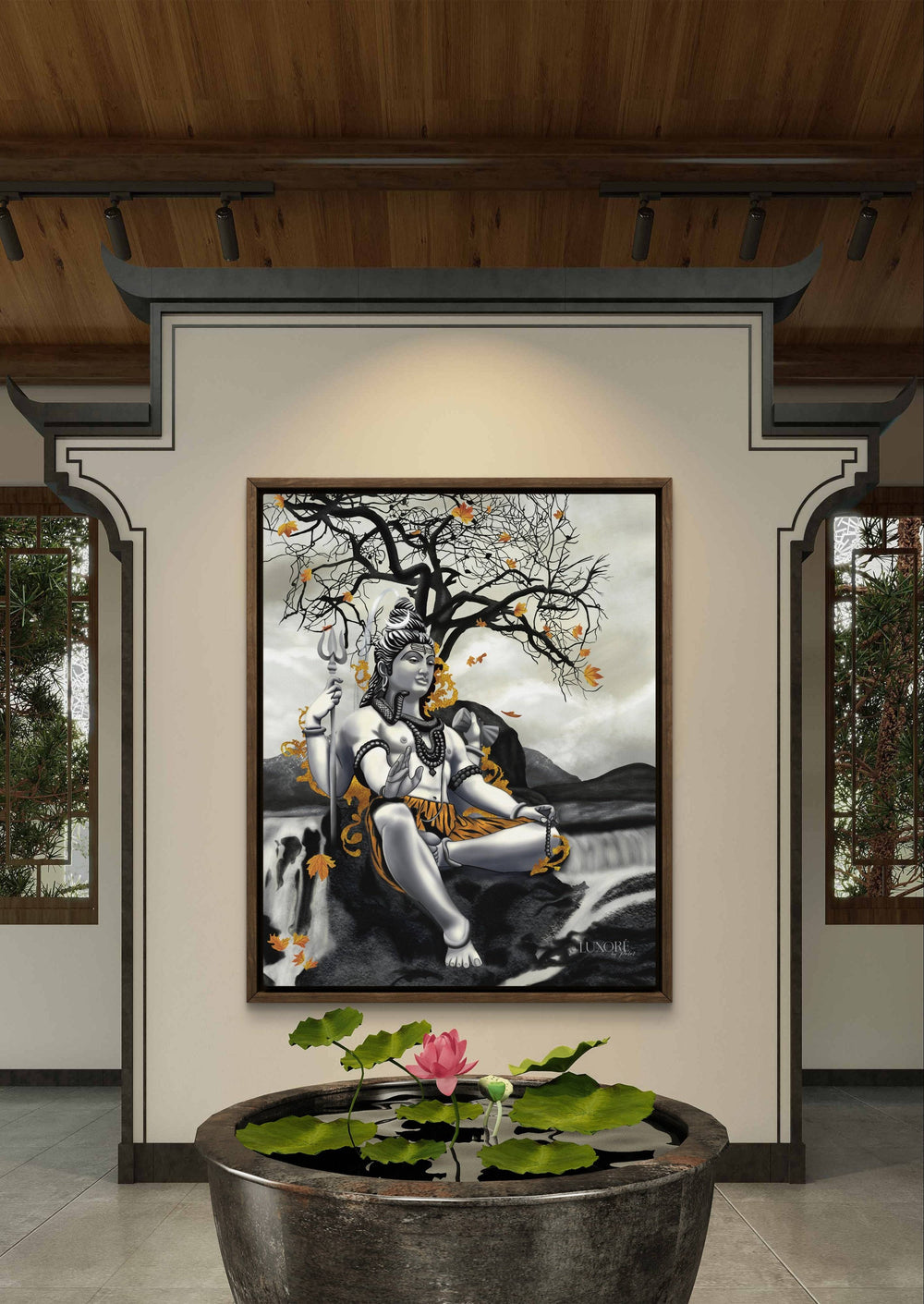 Lord Shiva artwork displayed in a serene space with a lotus pond centerpiece.