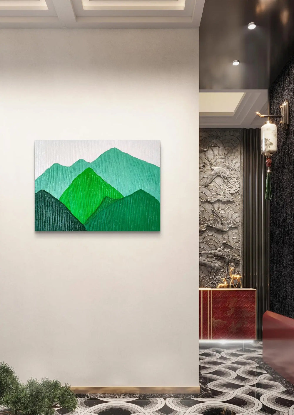 Elegant green mountain landscape painting in a luxurious hallway setting.