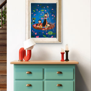 Lotus Valley Rangmala Series painting displayed above a teal dresser in a modern home setting.