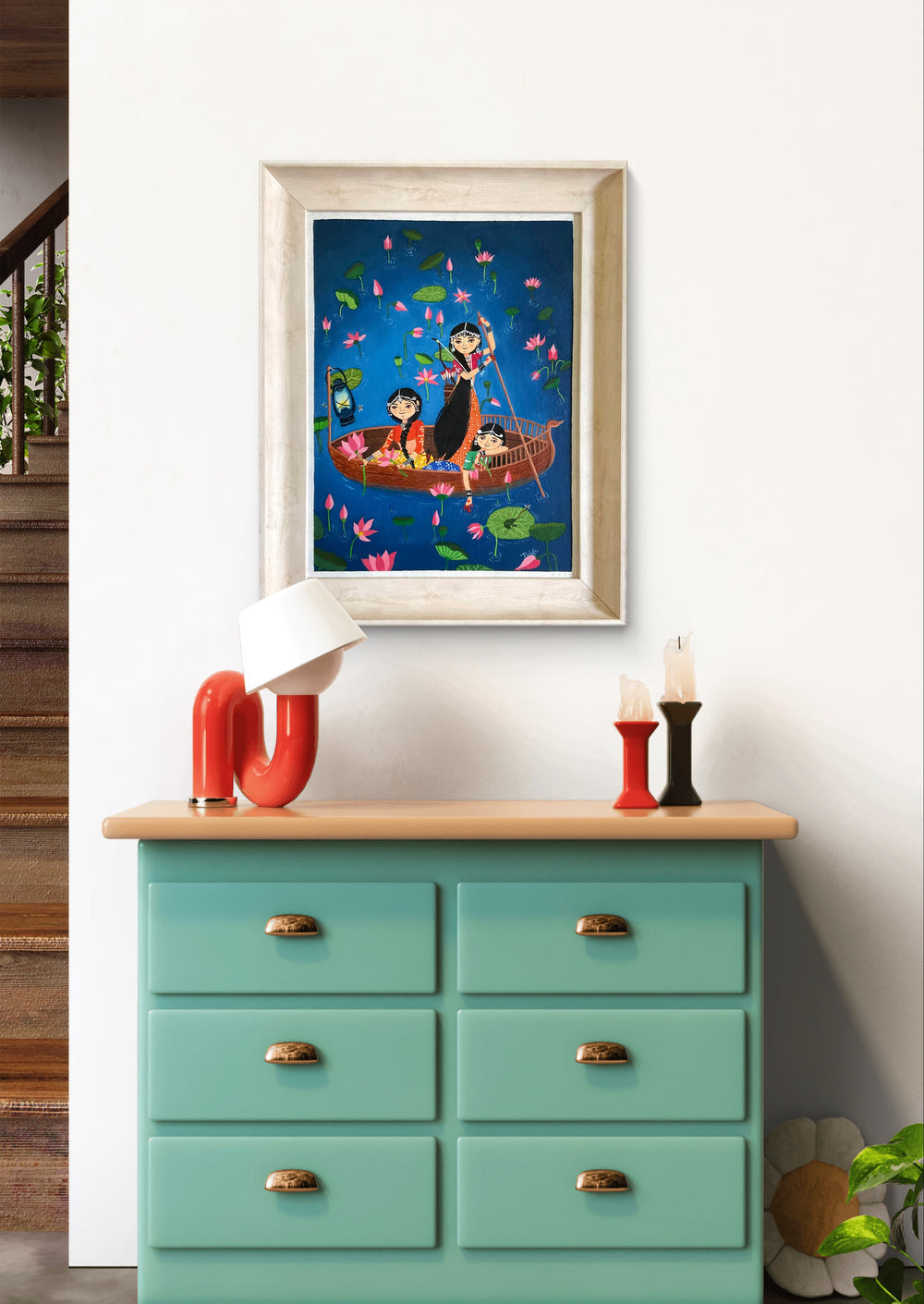 Lotus Valley Rangmala Series painting displayed above a teal dresser in a modern home setting.
