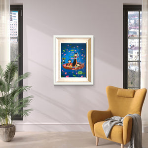 Framed Lotus Valley oil painting displayed in a bright living room with a mustard armchair.