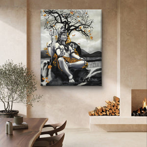 Monochromatic Lord Shiva painting in a dining area with natural tones and a fireplace.
