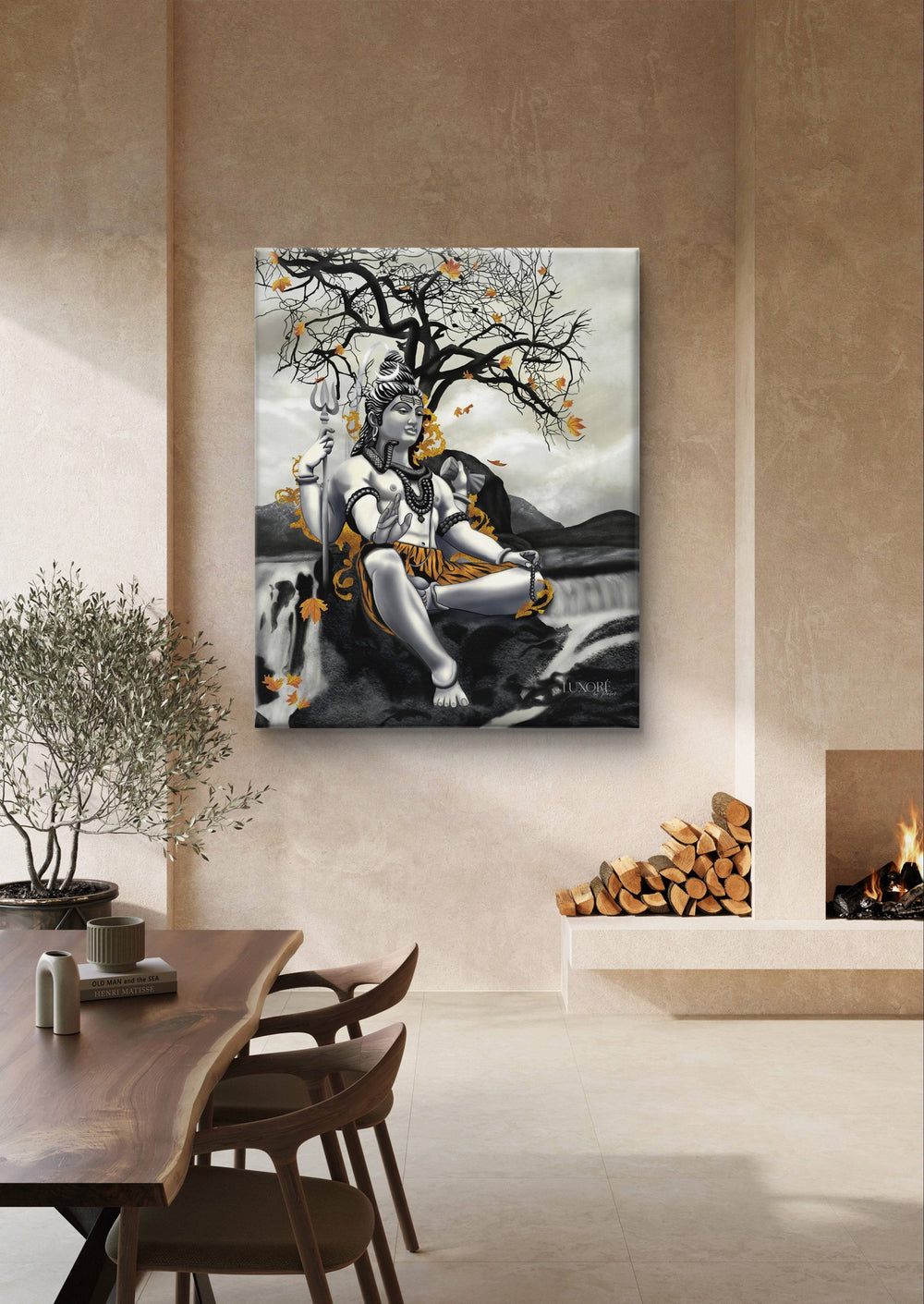 Monochromatic Lord Shiva painting in a dining area with natural tones and a fireplace.