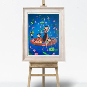 Lotus Valley Rangmala Series oil painting displayed on an easel, highlighting its artistic charm.