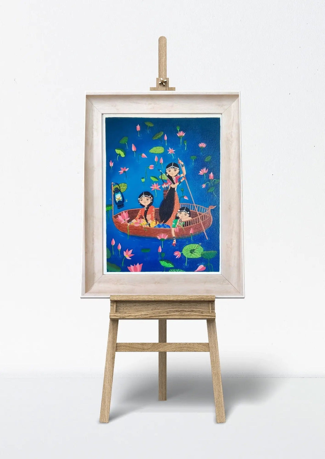 Lotus Valley Rangmala Series oil painting displayed on an easel, highlighting its artistic charm.