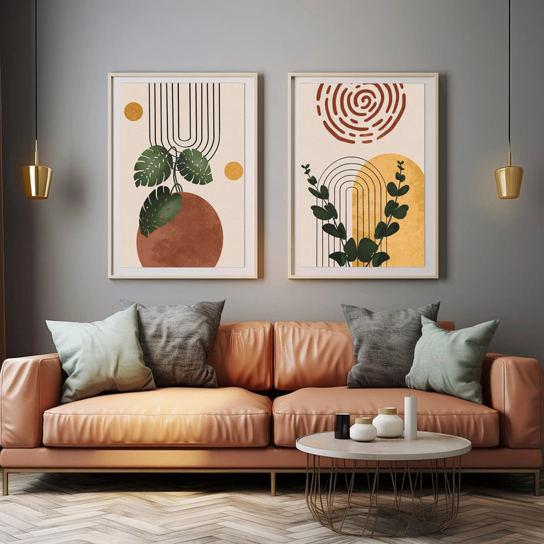 Contemporary boho digital artwork with leafy accents in a modern living room.