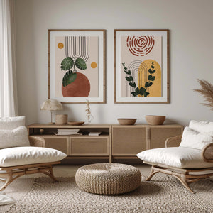 Bohemian digital artwork with leafy patterns in a cozy neutral-toned room.