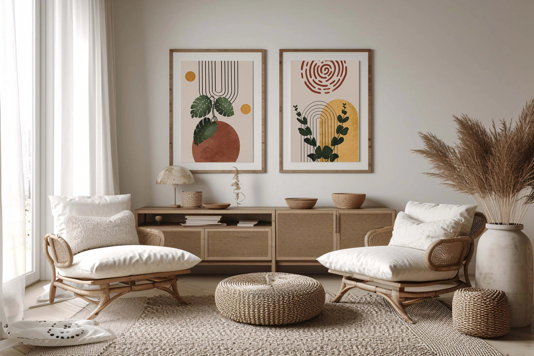 Bohemian digital artwork with leafy patterns in a cozy neutral-toned room.
