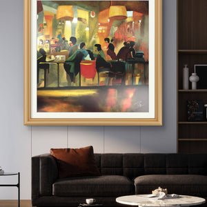 Framed digital oil painting of a warm cafe ambiance, adorning a contemporary living space.