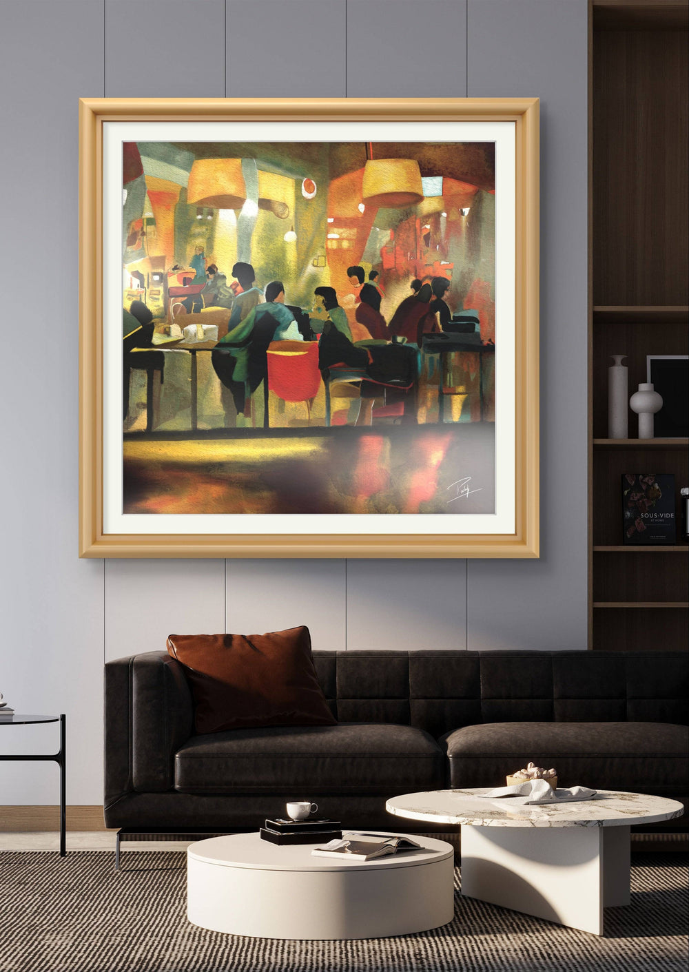 Framed digital oil painting of a warm cafe ambiance, adorning a contemporary living space.