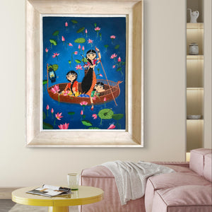 Traditional oil painting of a serene lotus valley with women and children in a boat, framed and displayed in a modern living room.