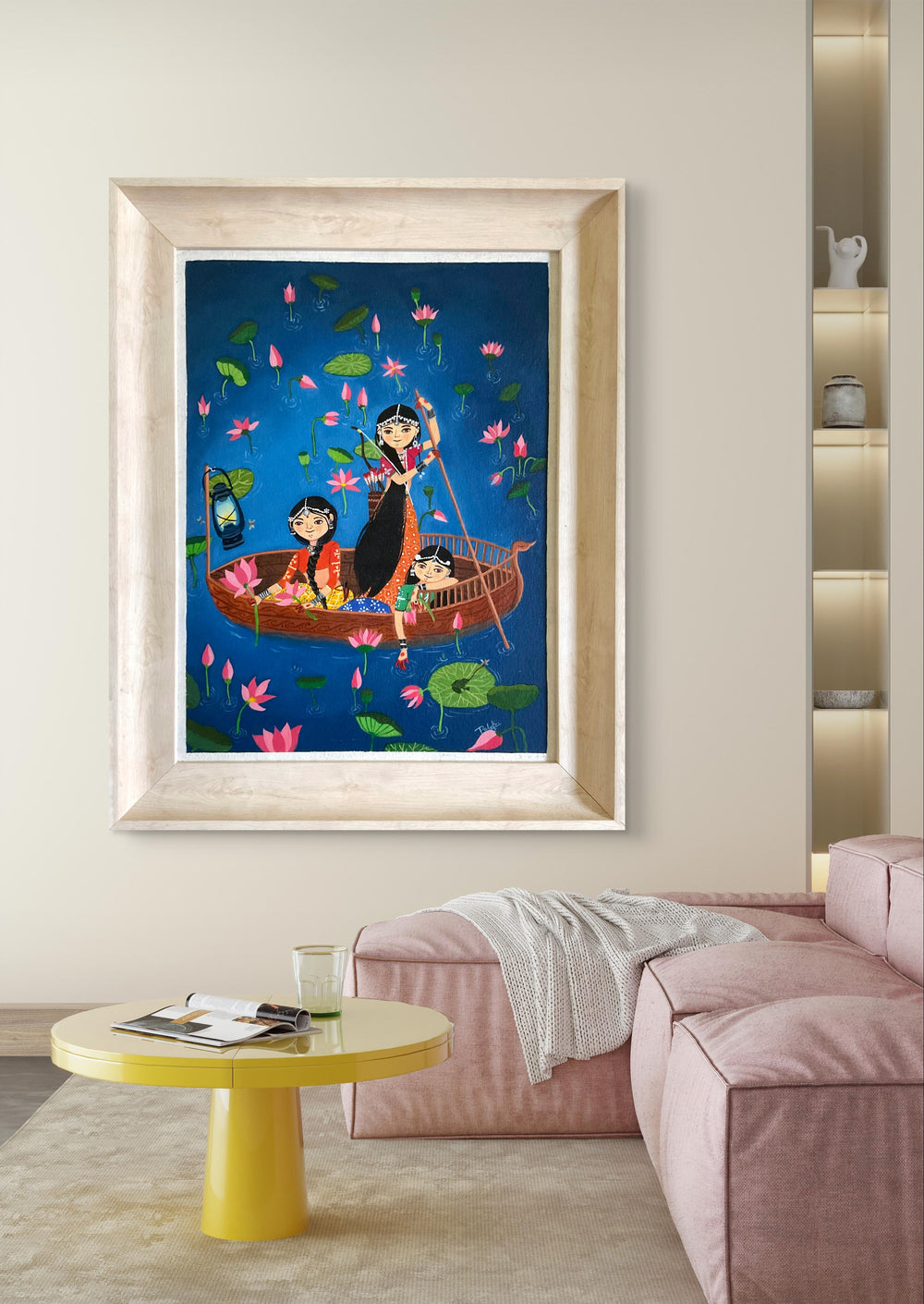 Traditional oil painting of a serene lotus valley with women and children in a boat, framed and displayed in a modern living room.