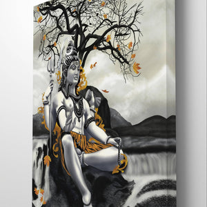 Close-up angled view of Lord Shiva canvas art with vibrant monochromatic tones.