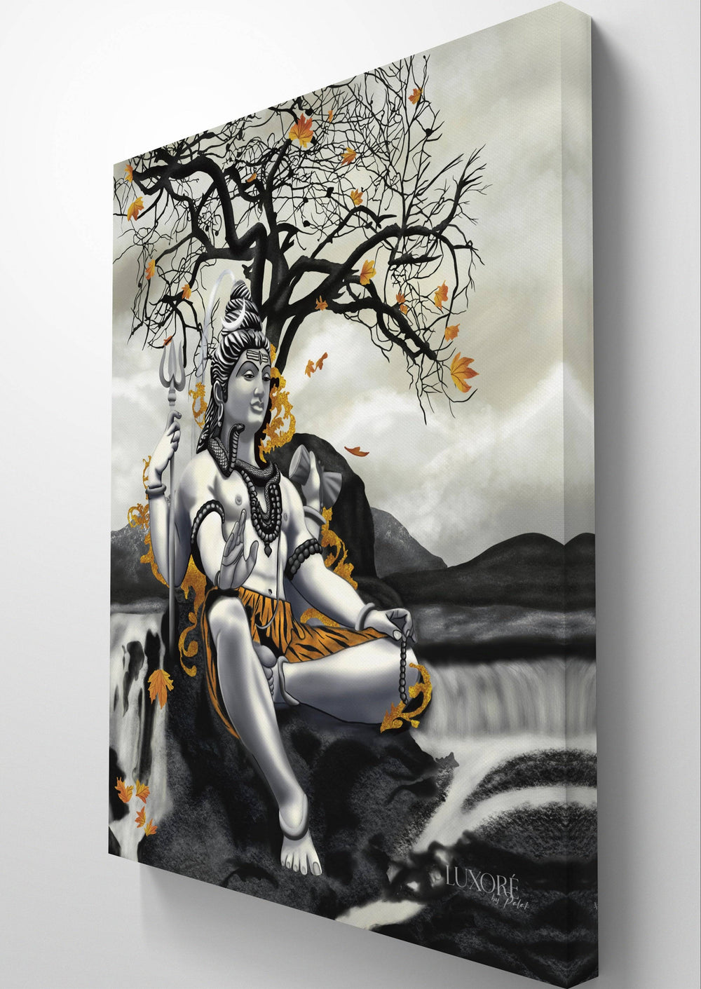 Close-up angled view of Lord Shiva canvas art with vibrant monochromatic tones.