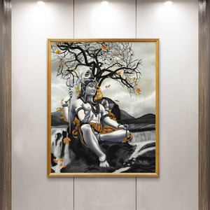 Monochromatic Lord Shiva digital painting on canvas in a modern decor setting.
