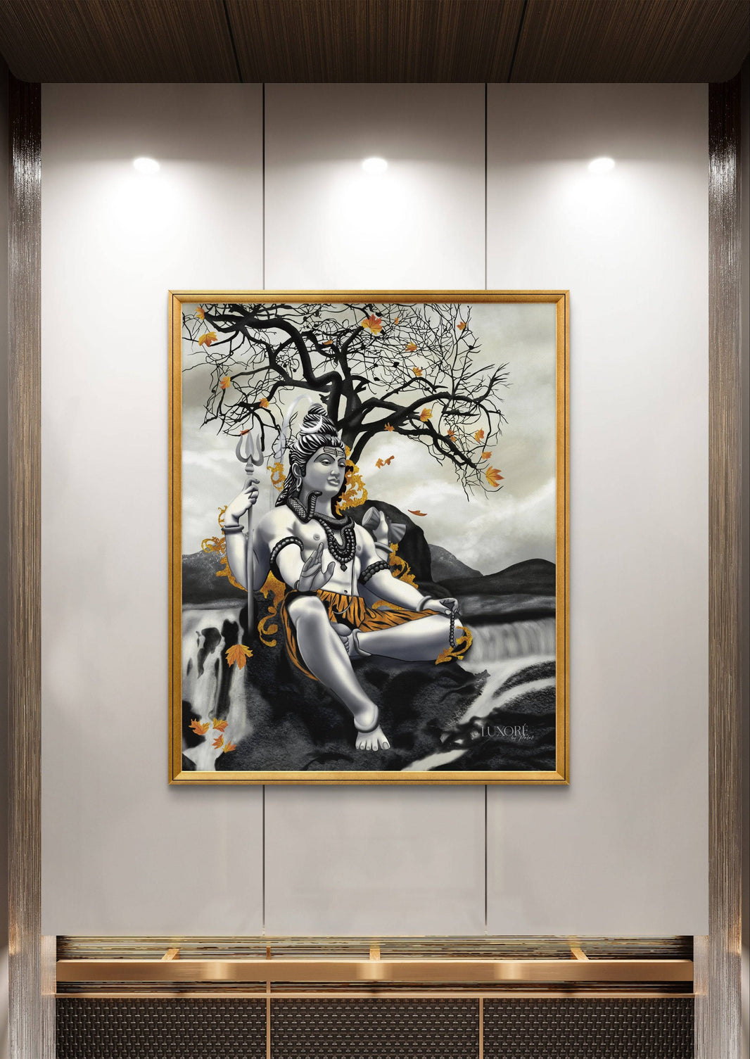 Monochromatic Lord Shiva digital painting on canvas in a modern decor setting.