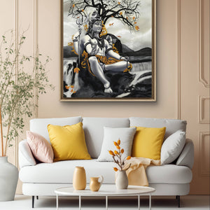 Lord Shiva canvas art in a cozy living room with yellow and white decor accents.