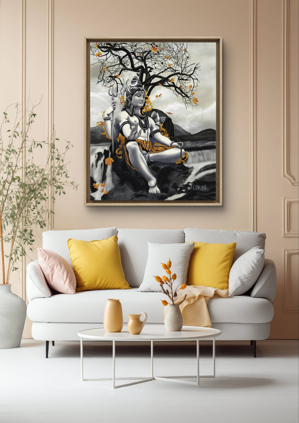 Lord Shiva canvas art in a cozy living room with yellow and white decor accents.