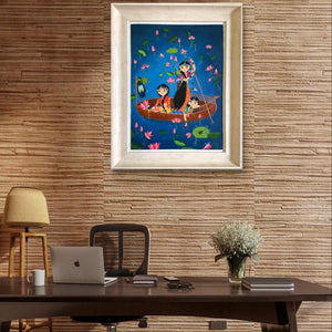 Traditional Lotus Valley oil painting framed and hung in a stylish office space with wooden decor.